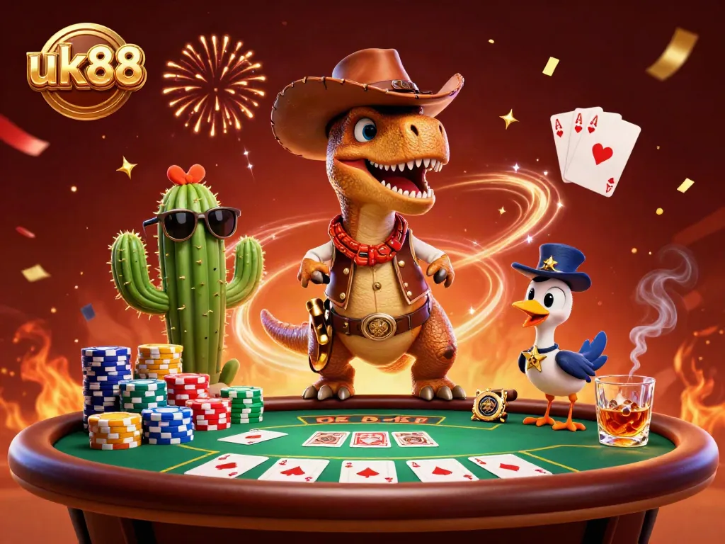 Experience poker excitement at uk88 with a cowboy dinosaur and quirky characters in a vibrant casino scene.