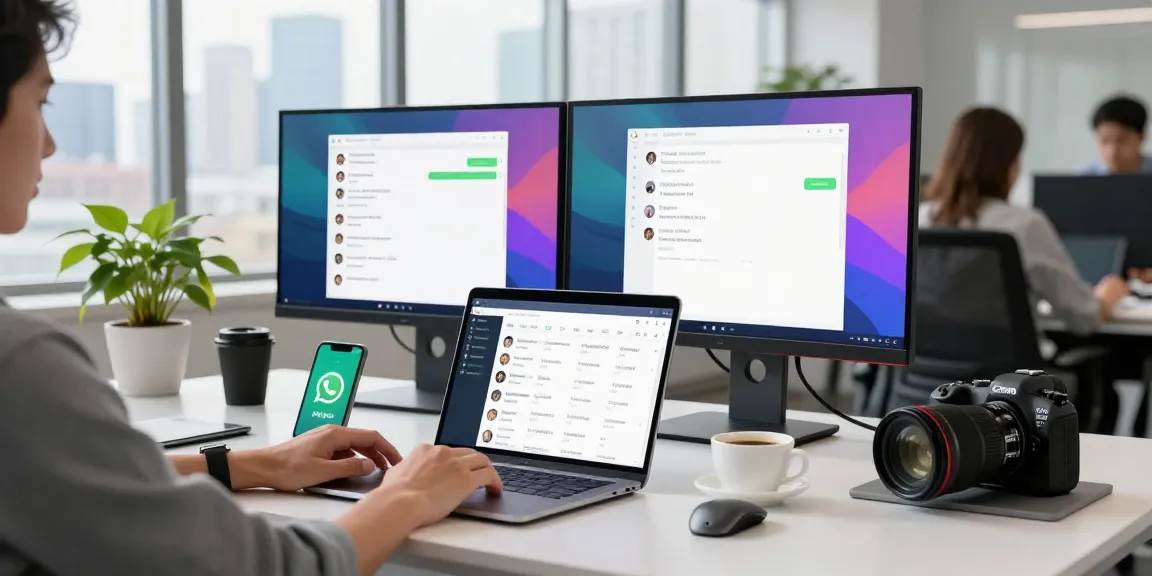 Modern office workspace showing WhatsApp網頁版 on laptop with notifications.