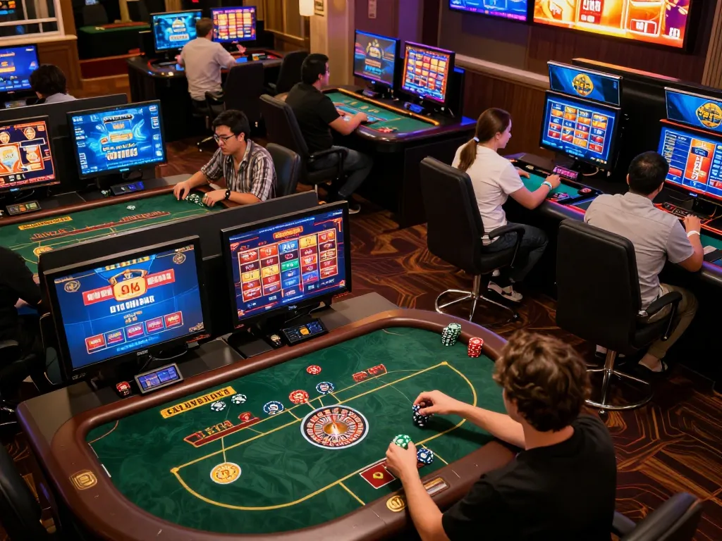 A captivating scene of online gambling gameplay at 68gamebaivn highlights players enjoying poker and slots.
