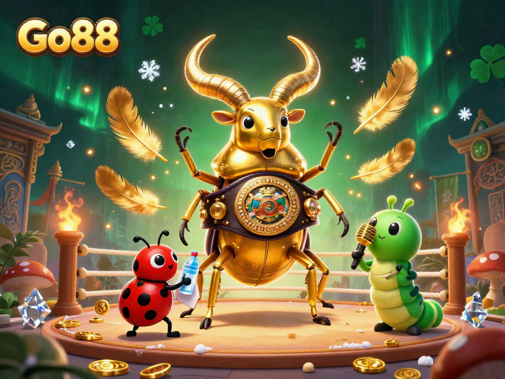 Go88 captivating illustration showcasing a giant stag beetle champion in a vibrant casino arena.