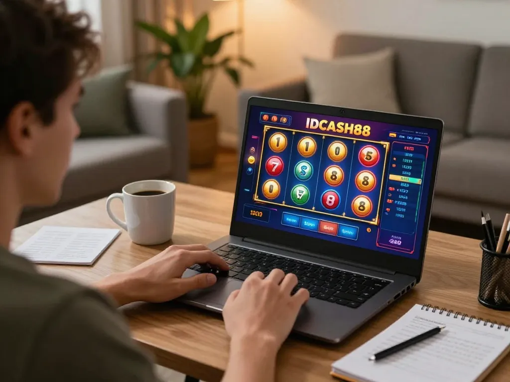 IDCASH88 Slot gameplay displayed on a laptop screen with strategy notes nearby in a cozy home setting.
