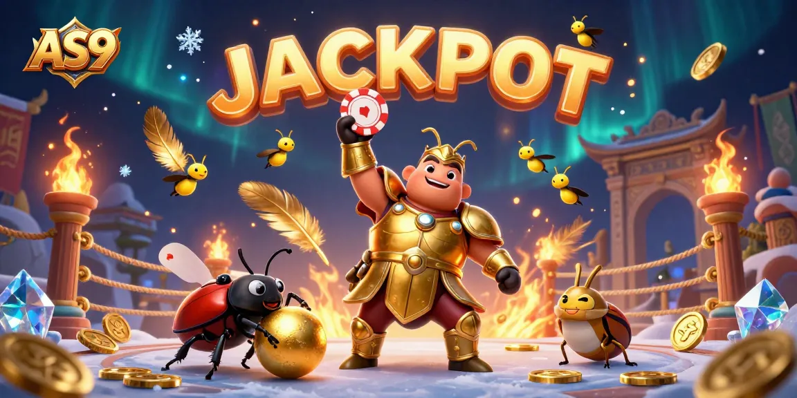 Celebrate wins at AS9 casino with an energetic 3D scene featuring a victorious beetle and betting tokens.