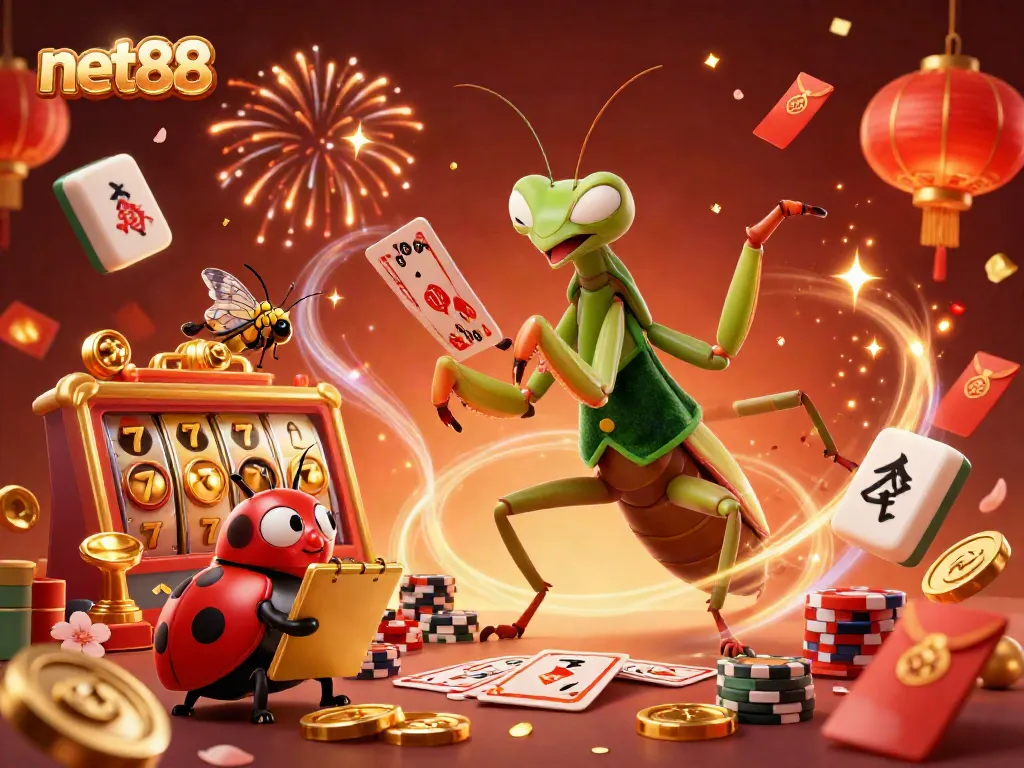 Experience the excitement of net88 with a vibrant casino scene featuring a giant praying mantis dealer and a ladybug pit boss.