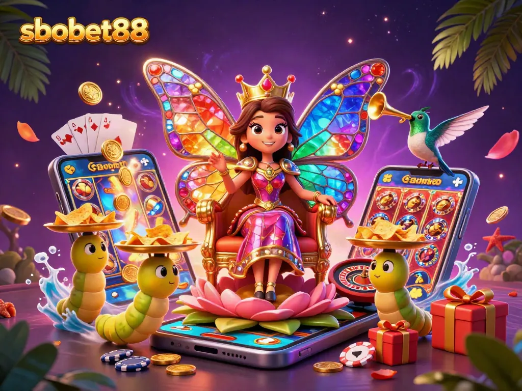 Engage with sbobet88 as a cartoon butterfly queen enthroned, surrounded by colorful casino elements.
