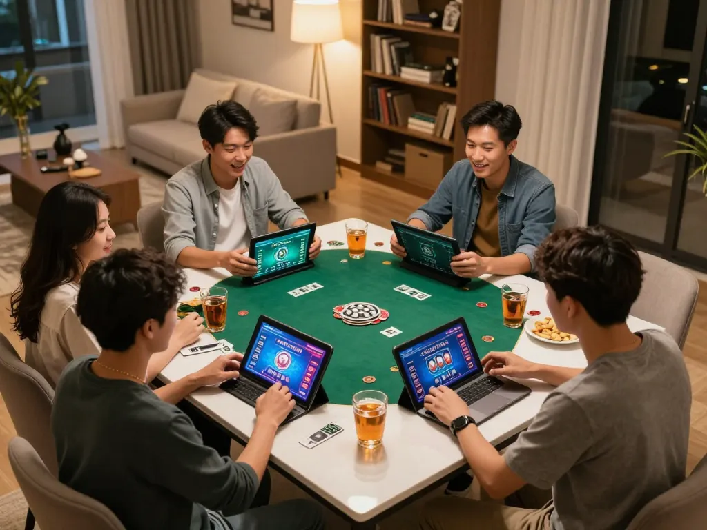 Players enjoying an online poker game at home with mybenefitstatements on screens, showcasing strategic gameplay.