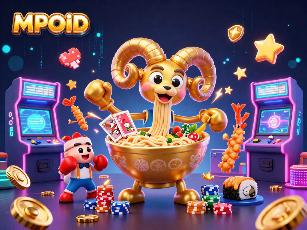 MPOID showcases vibrant and energetic 3D casino illustration with unique characters and gaming elements.