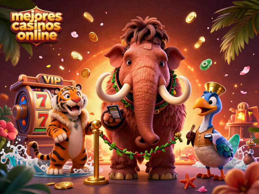 Los mejores casinos online presentan un mamut bouncer y un tigre VIP en una escena de casino dinámica.