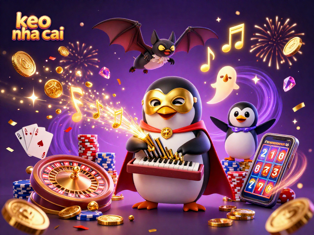 Experience keo nha cai with a penguin organist, flying coins, and vibrant casino scene.