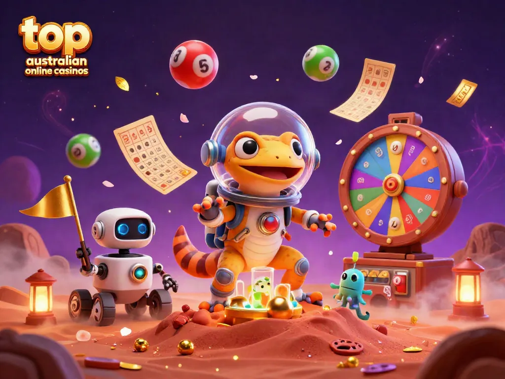 Engage with top Australian online casinos showcased through a dynamic Martian scene filled with casino elements.