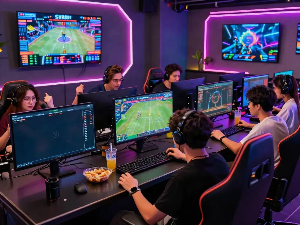 Dynamic online gaming atmosphere at SV88's vibrant lounge, showcasing friends enjoying live sports betting.