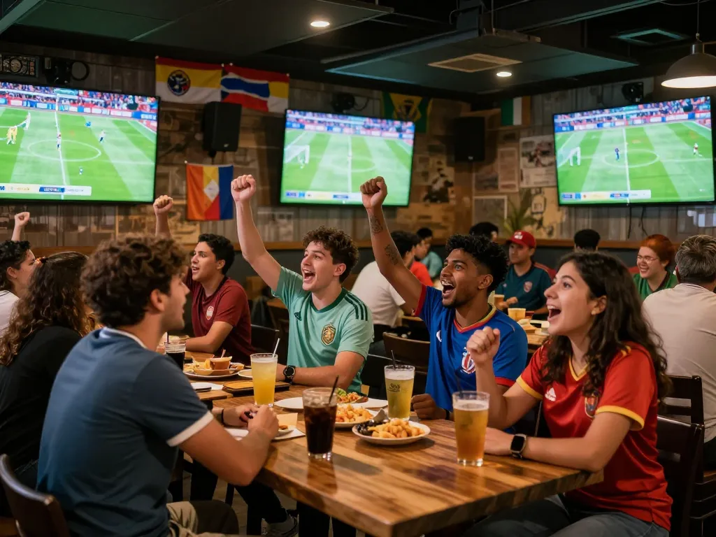 The vibrant scene of fans enjoying World Cup 2026 matches with cheers and lively decorations