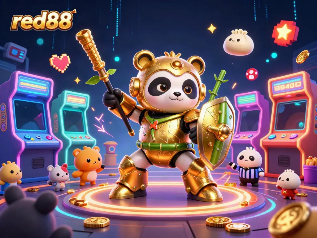 Join the action at red88, featuring intense gaming with golden panda mech robots and vibrant casino elements.