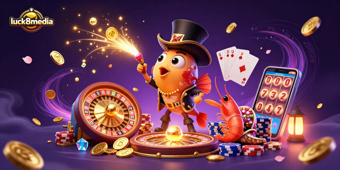 Experience thrilling moments with luck8media in a vibrant casino-themed illustration.