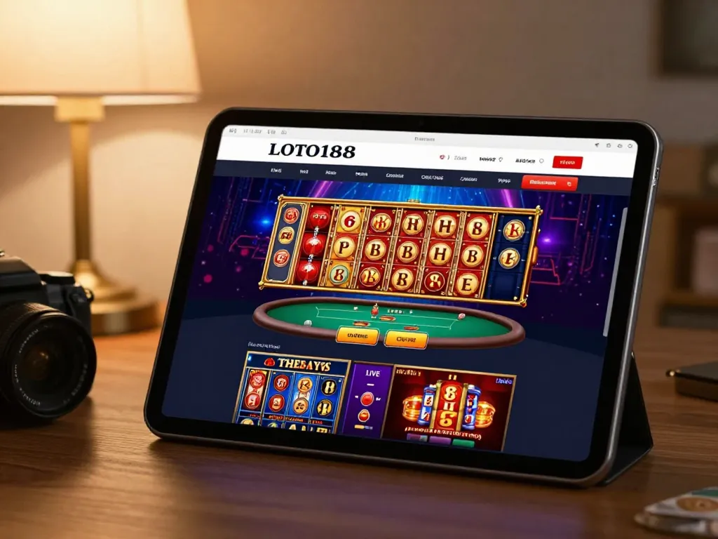 Engage with LOTO188 TRANG CHỦ via a tablet showing vibrant online casino options and user-friendly interface.