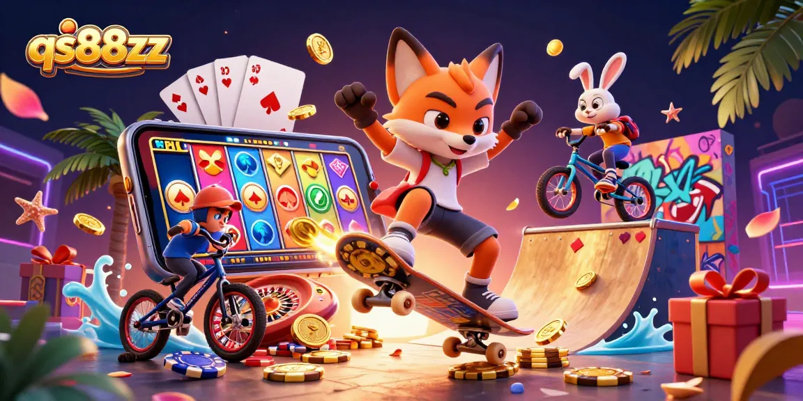 Watch the vibrant 3D cartoon fox and rabbit showcasing qs88zz casino game elements in an engaging, colorful scene.