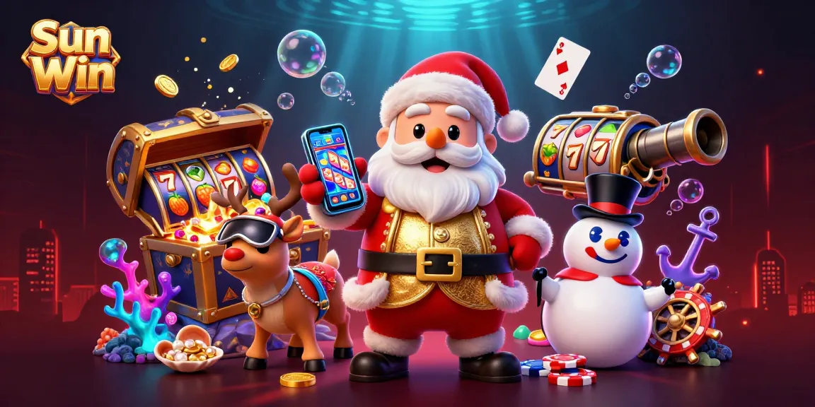 Experience thrilling wins with Sun Win's vibrant casino scene featuring Santa, reindeer, and a snowman.
