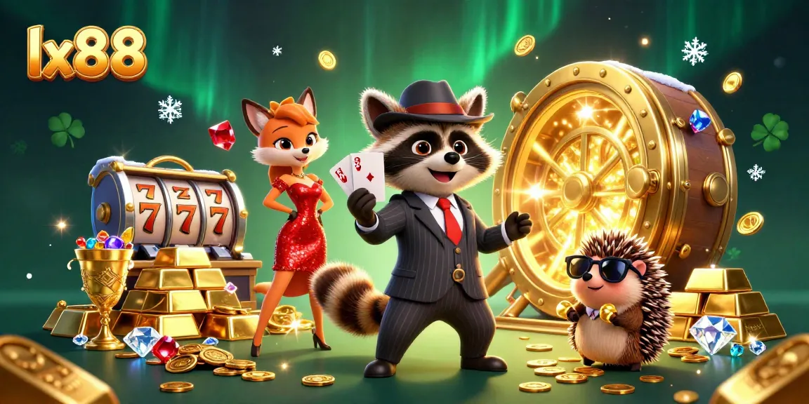 Experience vibrant gameplay at lx88 with a raccoon holding a royal flush, surrounded by treasure.