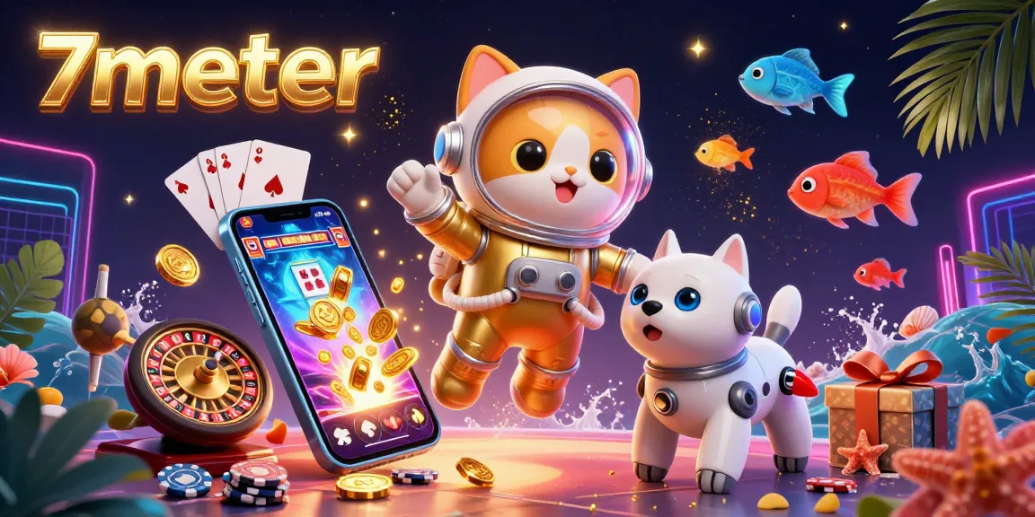 Experience the vibrant 7meter gambling world with a 3D illustration of an astronaut cat and robot dog amid dynamic gaming elements.