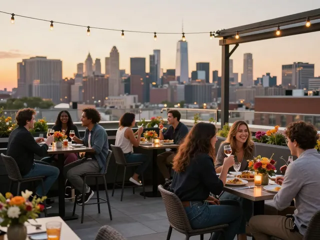 Group of friends dining at NoHu rooftop restaurant with NYC skyline views.