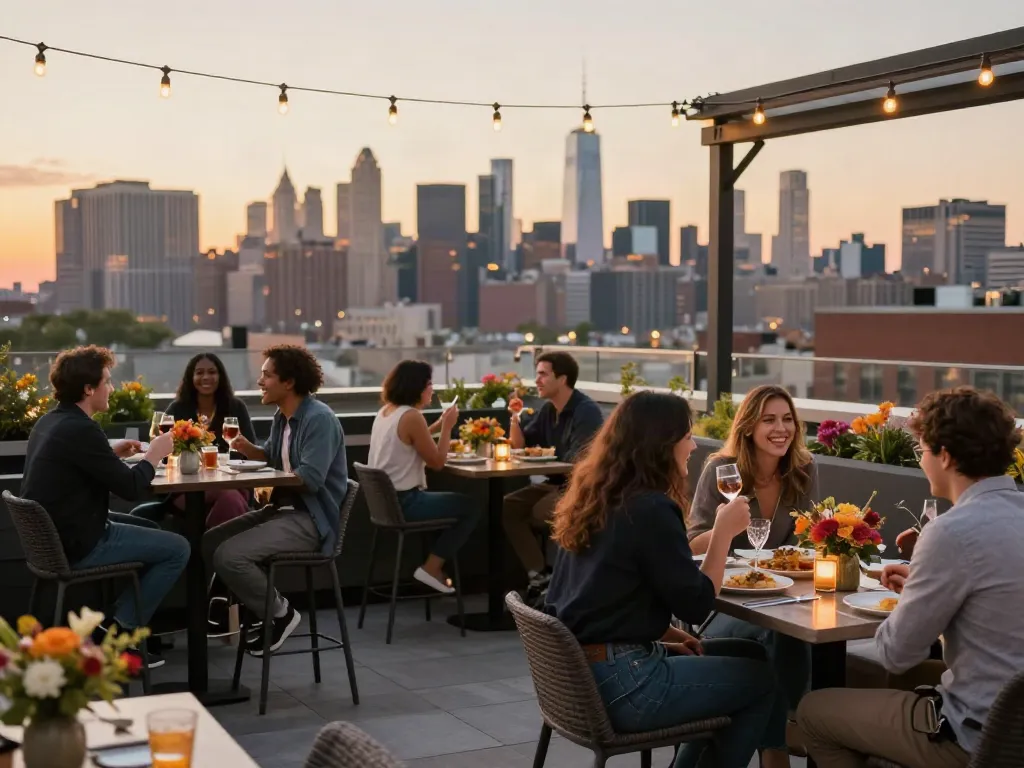Group of friends dining at NoHu rooftop restaurant with NYC skyline views.