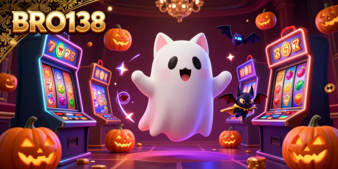 BRO138 showcases thrilling slot gaming with a friendly ghost cat and vampire bat in a vibrant casino scene.