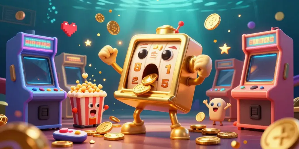 Experience situs togel with vibrant slot machines celebrating jackpots in a lively casino scene filled with gaming elements.