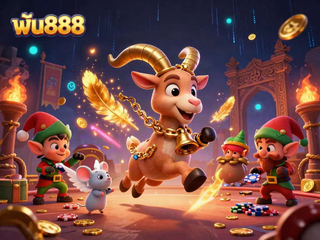 ฟัน888 showcases an energetic holiday-casino scene with Krampus, angel mouse and gremlins, vibrant and dynamic.