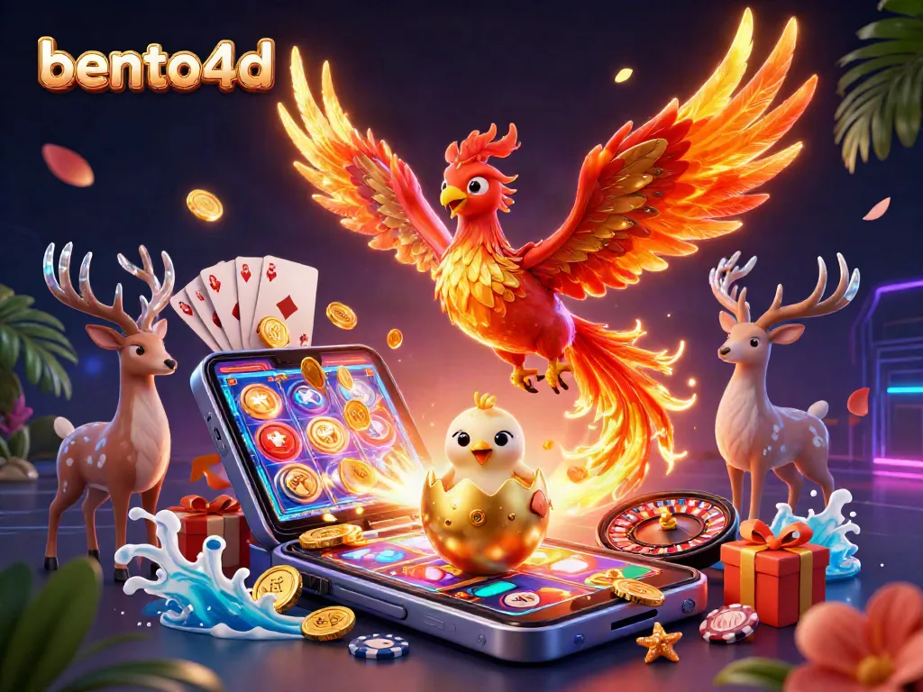 Experience the thrill of bento4d with vibrant casino elements showcasing a fiery phoenix and gaming excitement.