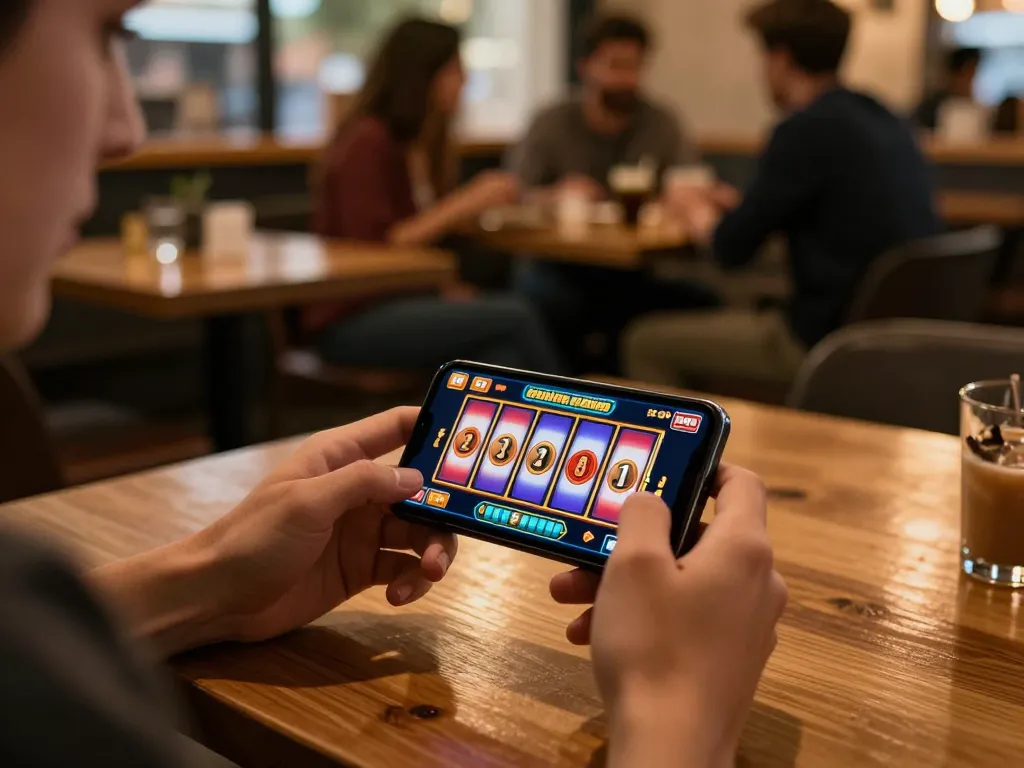 Player enjoying mobile gaming at 78wingo café, engaging with online slot app in cozy setting.