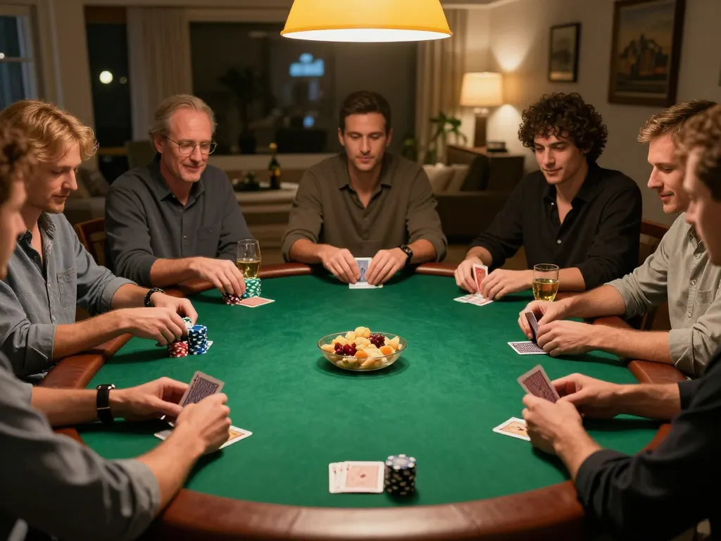 LLwin players enjoying an exciting home poker night with vibrant chips and cards in hand.