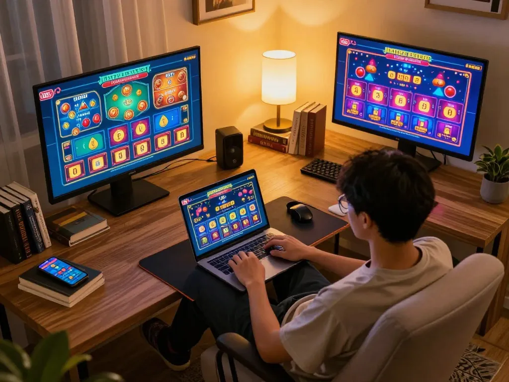 Engaged player using xx88 com on laptop and smartphone for online casino gaming, cozy home setup.
