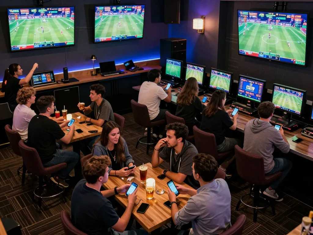Excited bettors engaging in live sports betting at 789betgo with multiple screens and dynamic atmosphere.