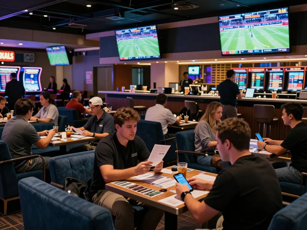 Bongdallu sports bettors analyzing odds in a lively casino lounge with large screens and a vibrant atmosphere.