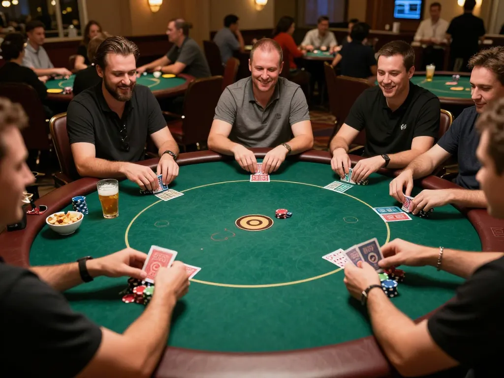 Schoeneckhotel poker players enjoying a strategic game night around a vibrant table.