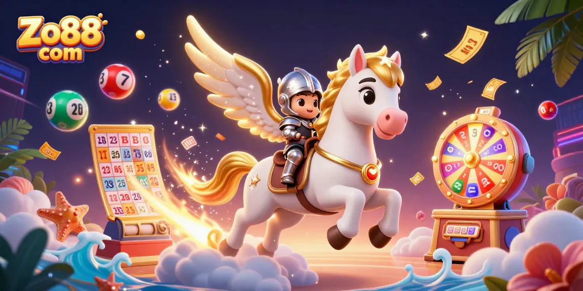 Engage in thrilling games at Zo88 com with vibrant lottery elements and a magical horse backdrop.