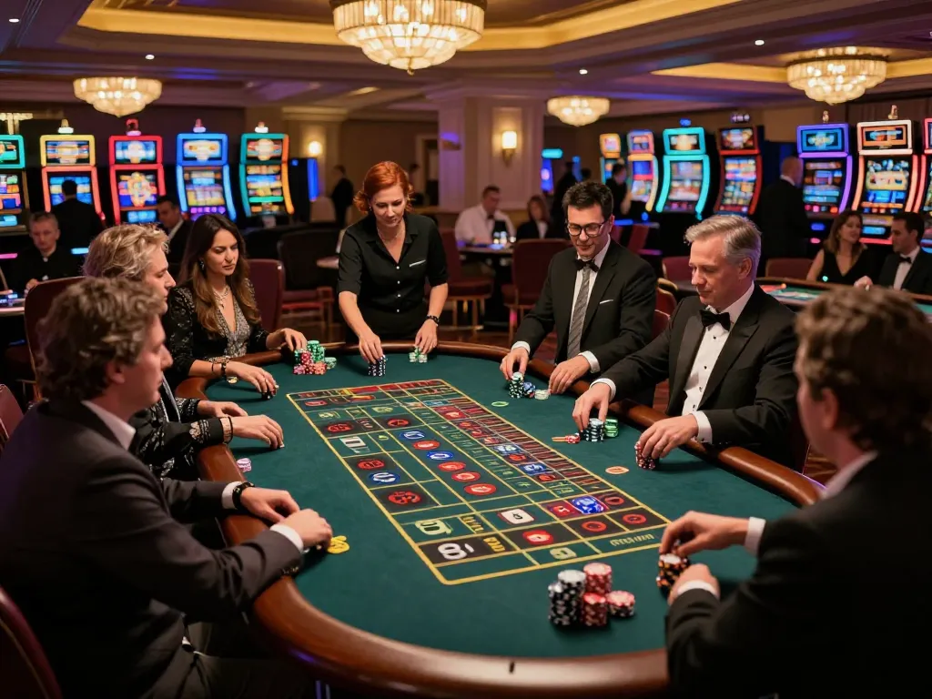 Experience the excitement at fortleemedspa with players strategically betting at the roulette table in a luxury casino setting.