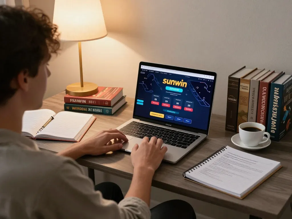 Engaging in sunwin online poker strategy with organized notes and warm lighting
