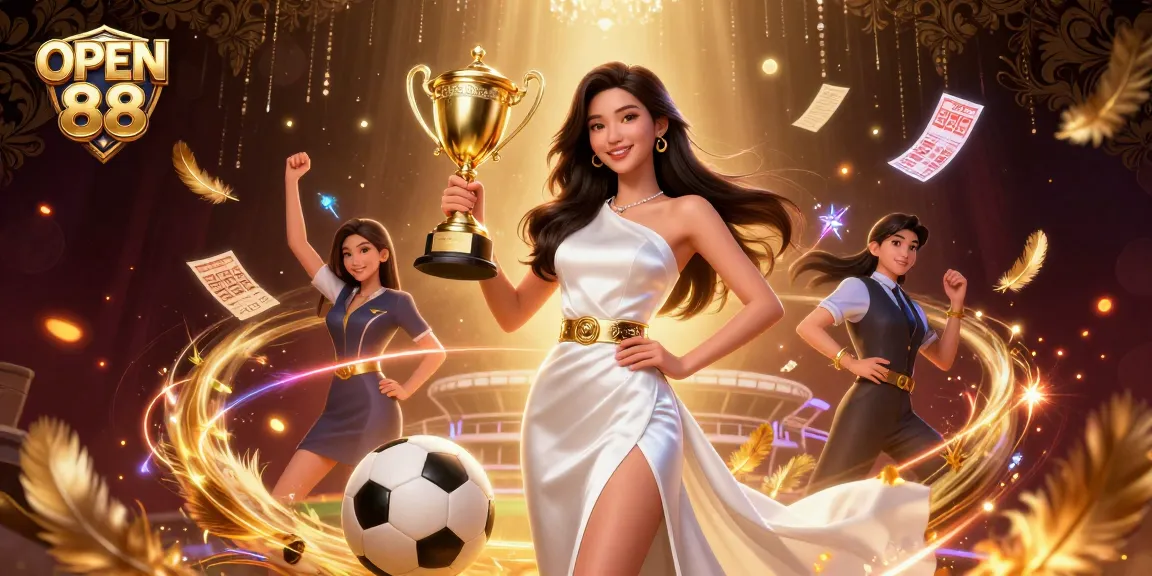 Engage with OPEN 88's thrilling sports betting world, featuring vibrant Asian woman celebrating victory.