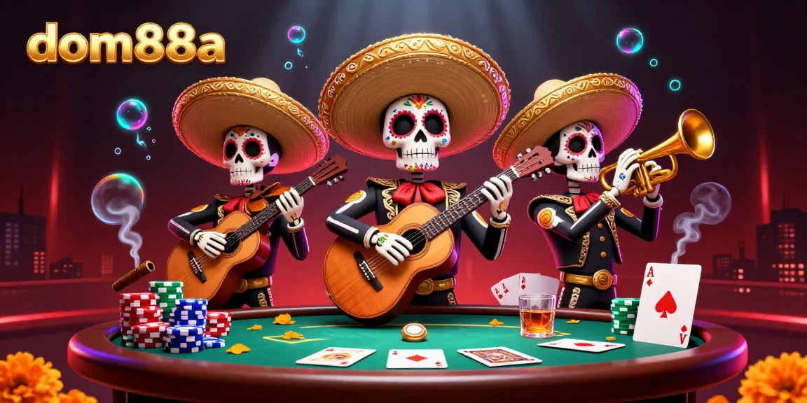 Experience vibrant gambling action with dom88a, featuring a colorful Day of the Dead mariachi band and poker elements.