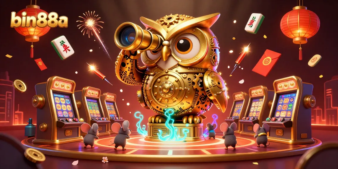Witness bin88a's vibrant gaming world with a golden owl and playful mice among festive decorations.