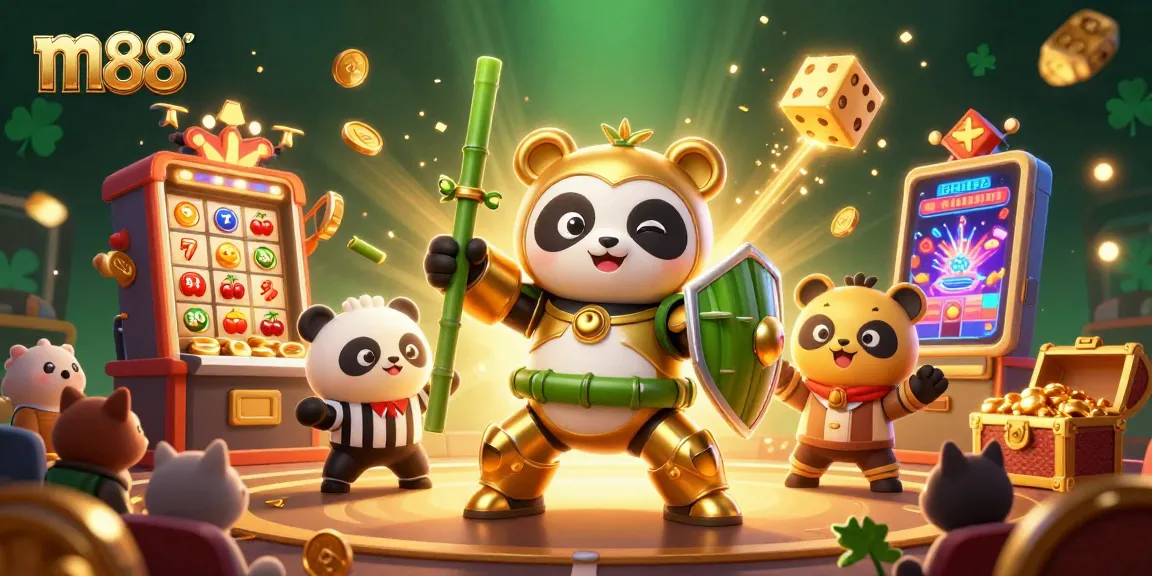 Experience the thrill at m88's vibrant casino with a golden panda mech and slots bursting with rewards.
