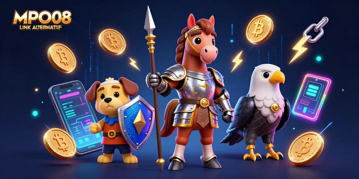 Engage with MPO08 LINK ALTERNATIF, featuring dynamic characters amidst vibrant casino elements and cryptocurrency.