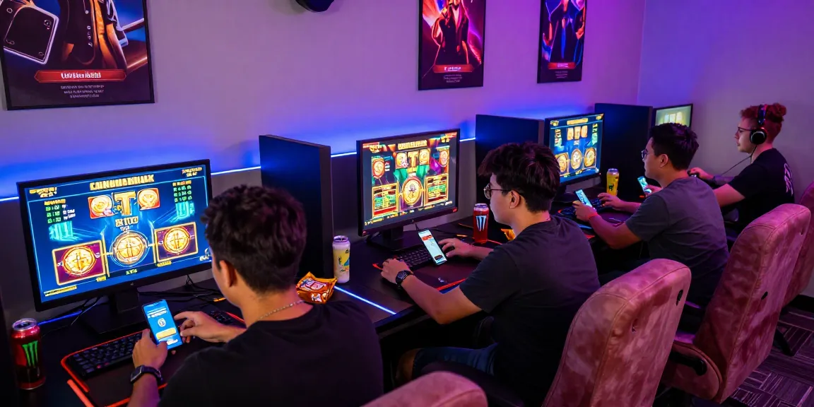 Link Slot Gacor Kartupoker gaming scene with friends enjoying vibrant slot games and high RTP statistics.