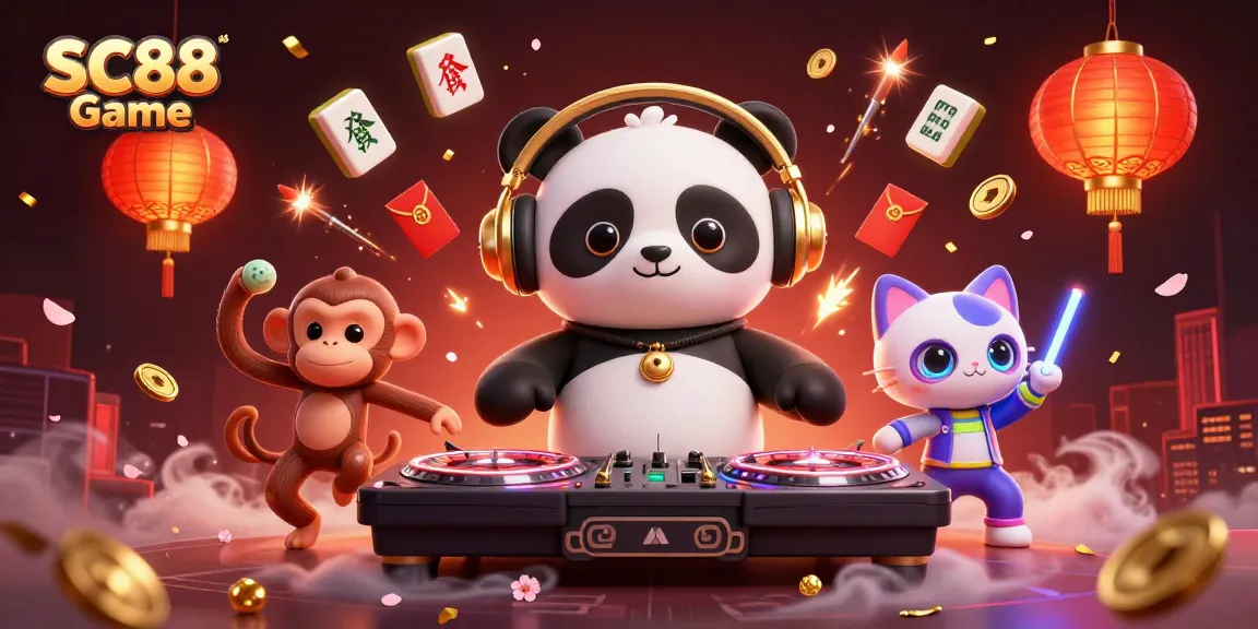 Spin wins with SC88 Game featuring a DJ panda, breakdancing monkey, and glowing kitten in vibrant casino action.