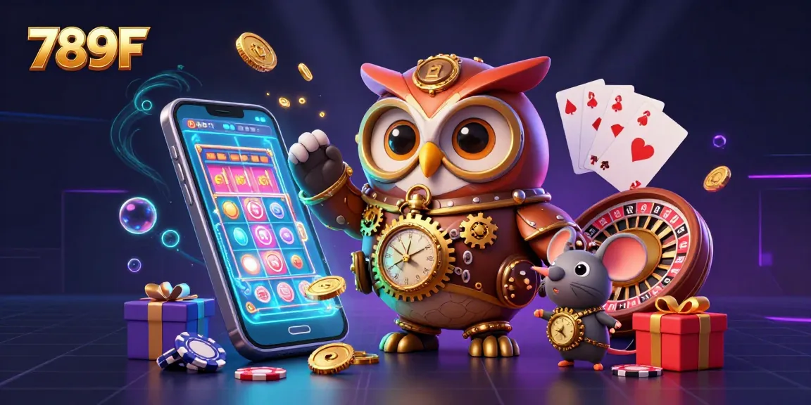 Experience the vibrant casino scene at 789F with steampunk elements, glowing coins, and dynamic gaming excitement.