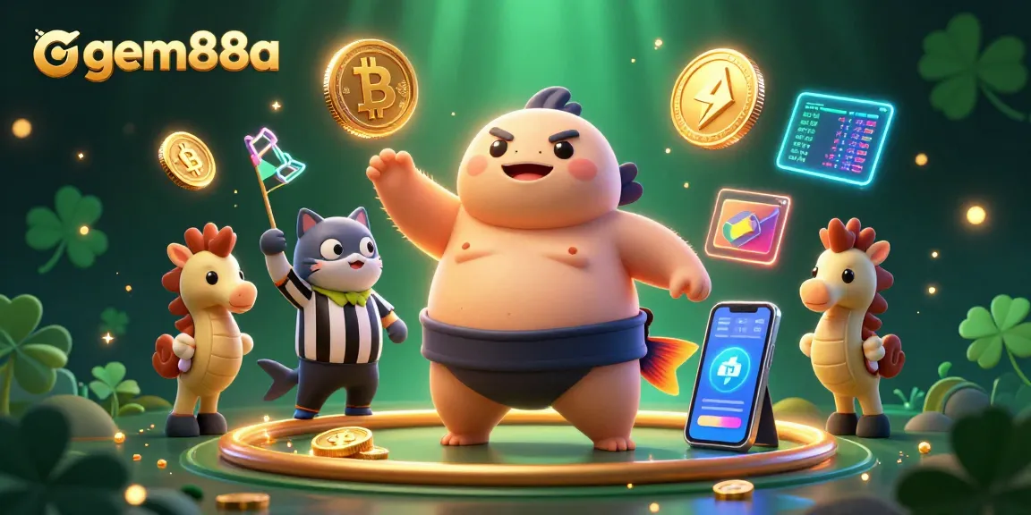 Engage in thrilling gameplay with gem88a, featuring a dynamic 3D scene of a blowfish sumo wrestler and cryptocurrency elements.