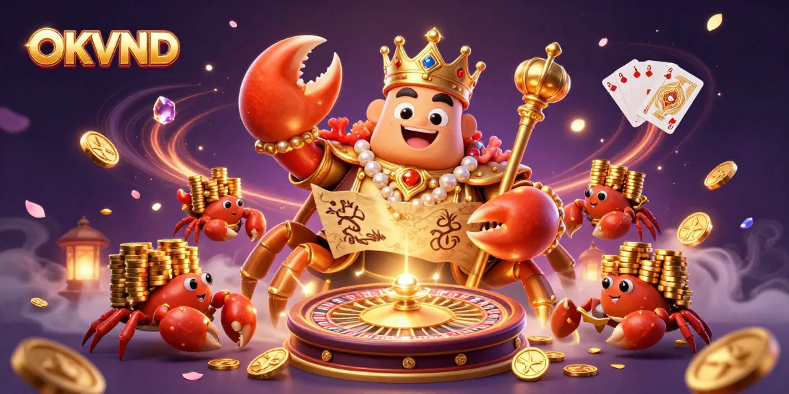 Engage with OKVND's vibrant casino scene featuring a golden crab emperor amidst riches and game elements.
