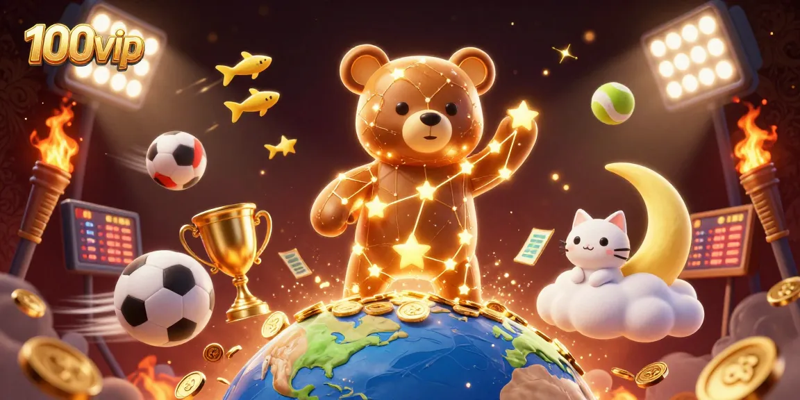 Experience 100vip with a vibrant 3D scene showcasing online gaming excitement and rich casino elements.