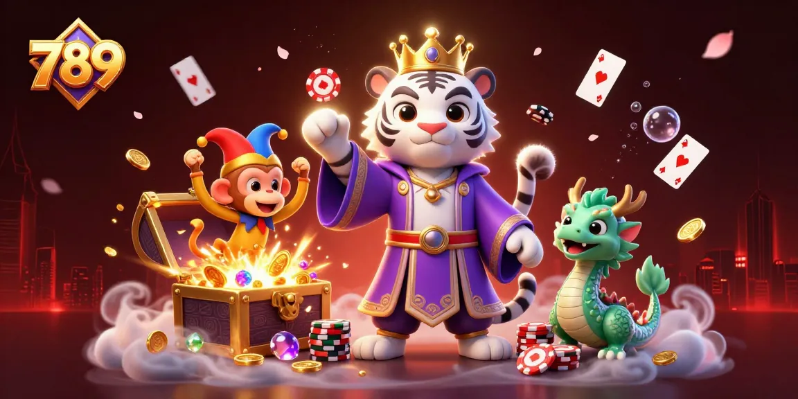 Engage in the exciting world of 789 casino with a vibrant scene showcasing a white tiger, monkey, and dragon in a casino environment.
