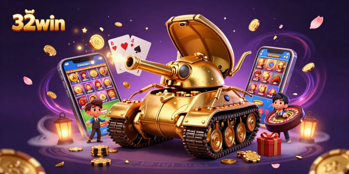 Bet on excitement with 32win as vibrant casino elements spring from a golden beetle tank.